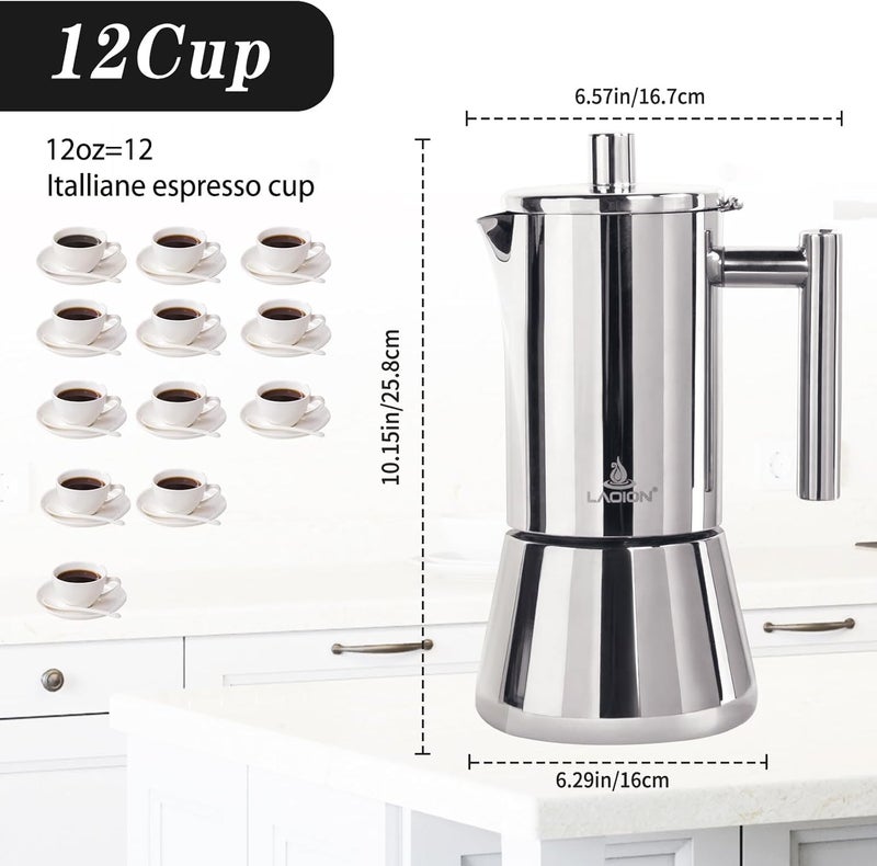 AOLION Stovetop Espresso Maker, 12Cup 17.5 oz Moka Pot, Stainless Steel Cuban and Italian Coffee Maker for Cafetera Cubana, Greca De Cafe Induction Stovetop Compatible, Coffee Gift for Home Travel - Image 2